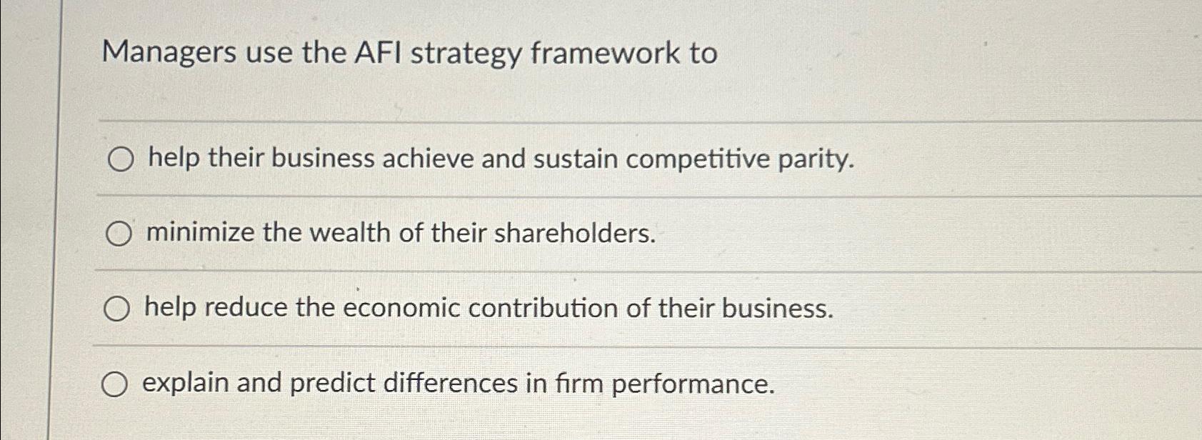  Managers use the AFI strategy framework to help their business achieve