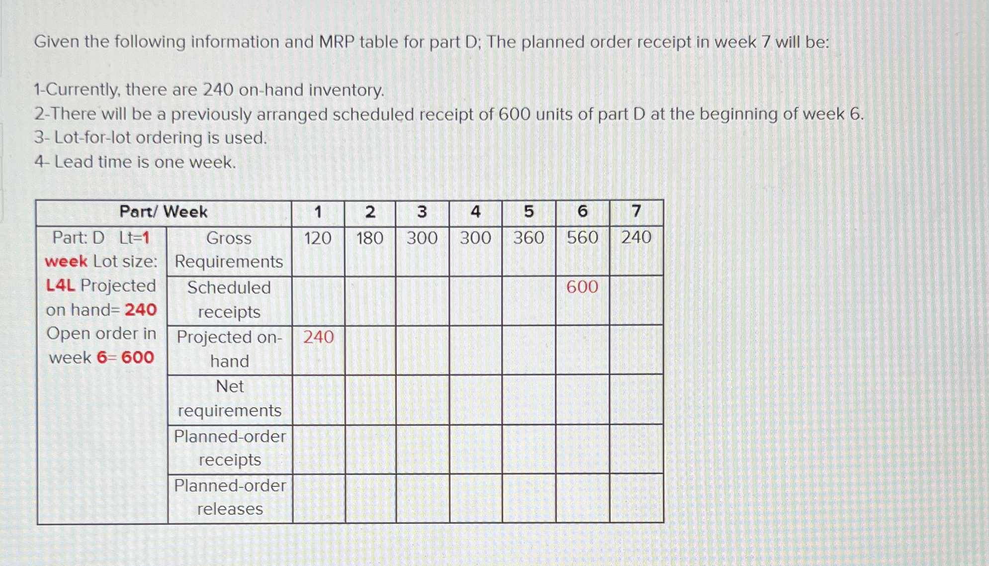  Given the following information and MRP table for part D; The