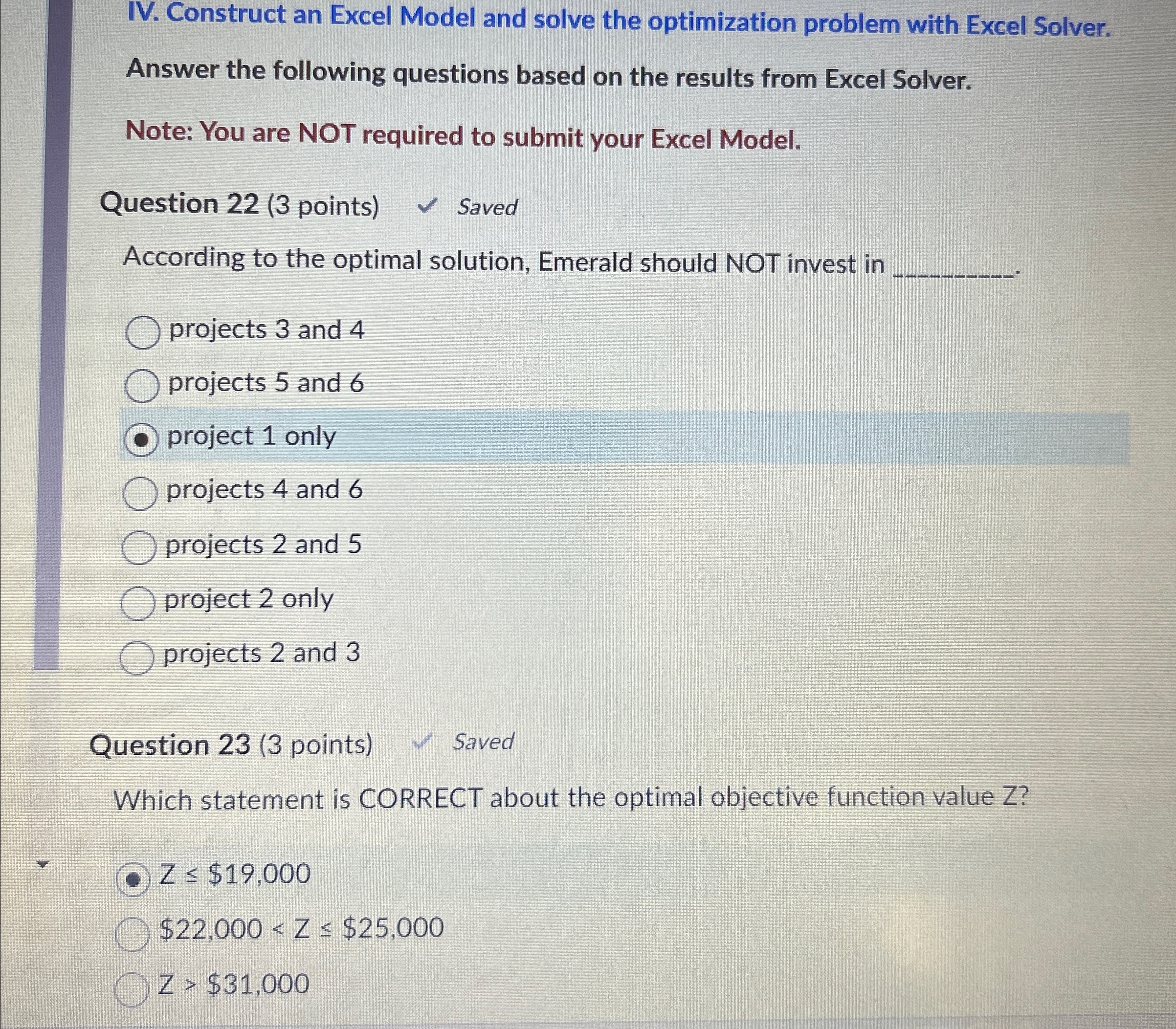  IV. Construct an Excel Model and solve the optimization problem with