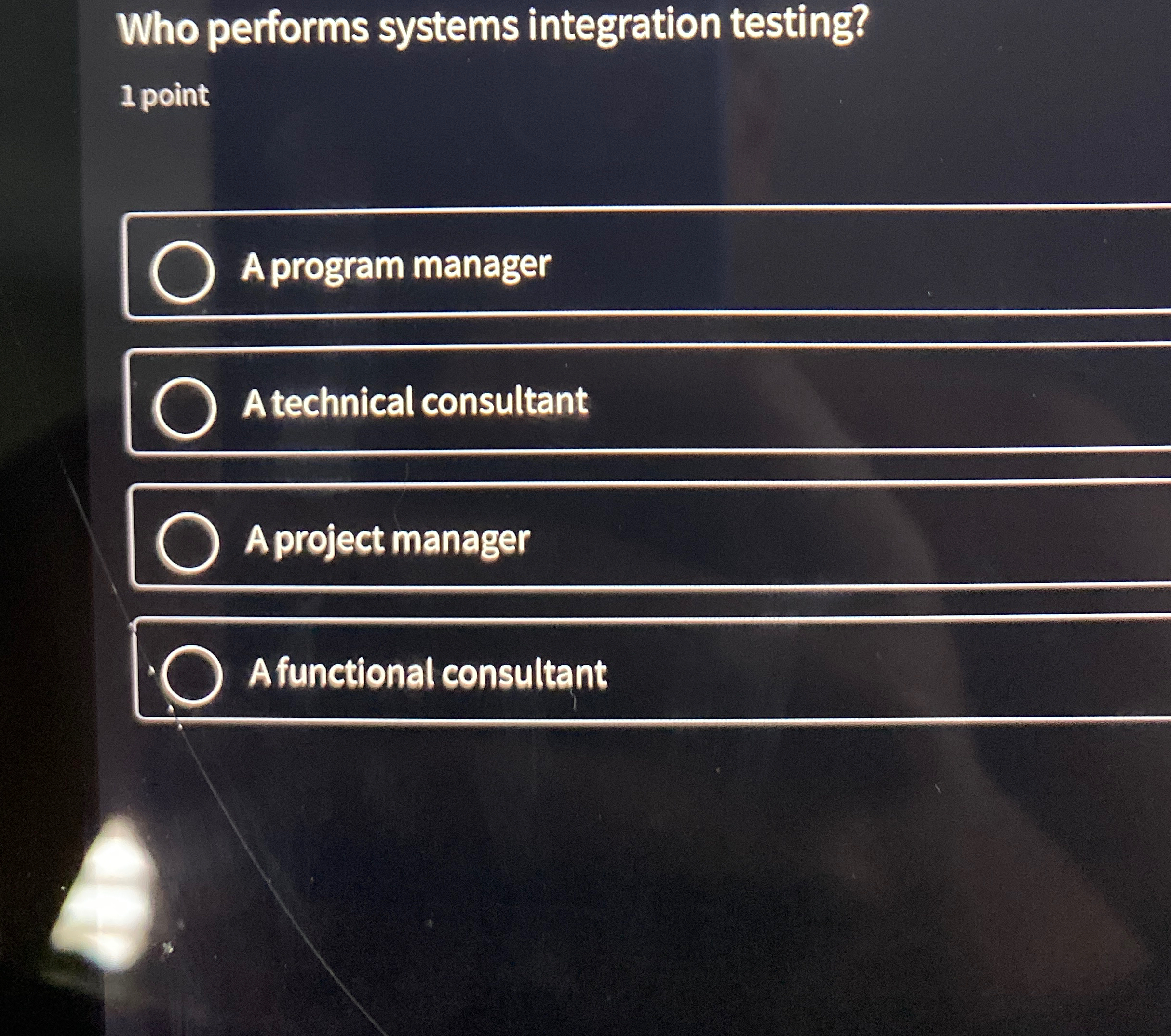  Who performs systems integration testing? 1 point A program manager A