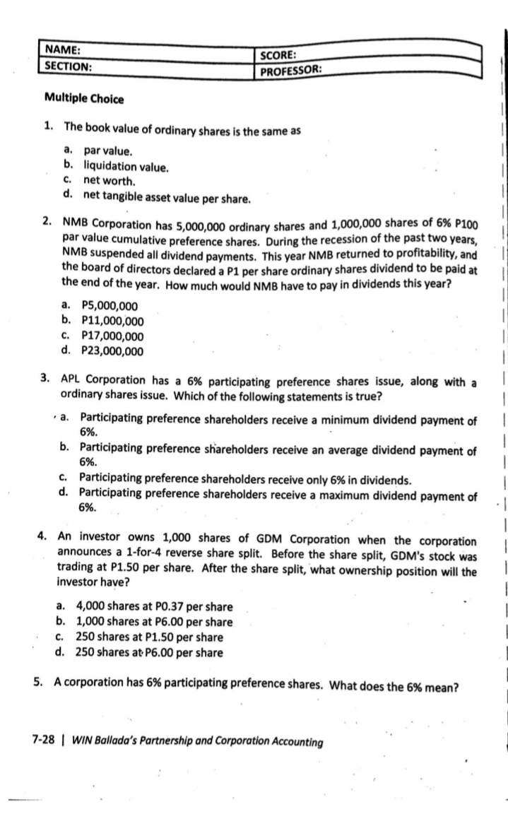 of share capital a. 1, 3 and 4 only b. 2 and