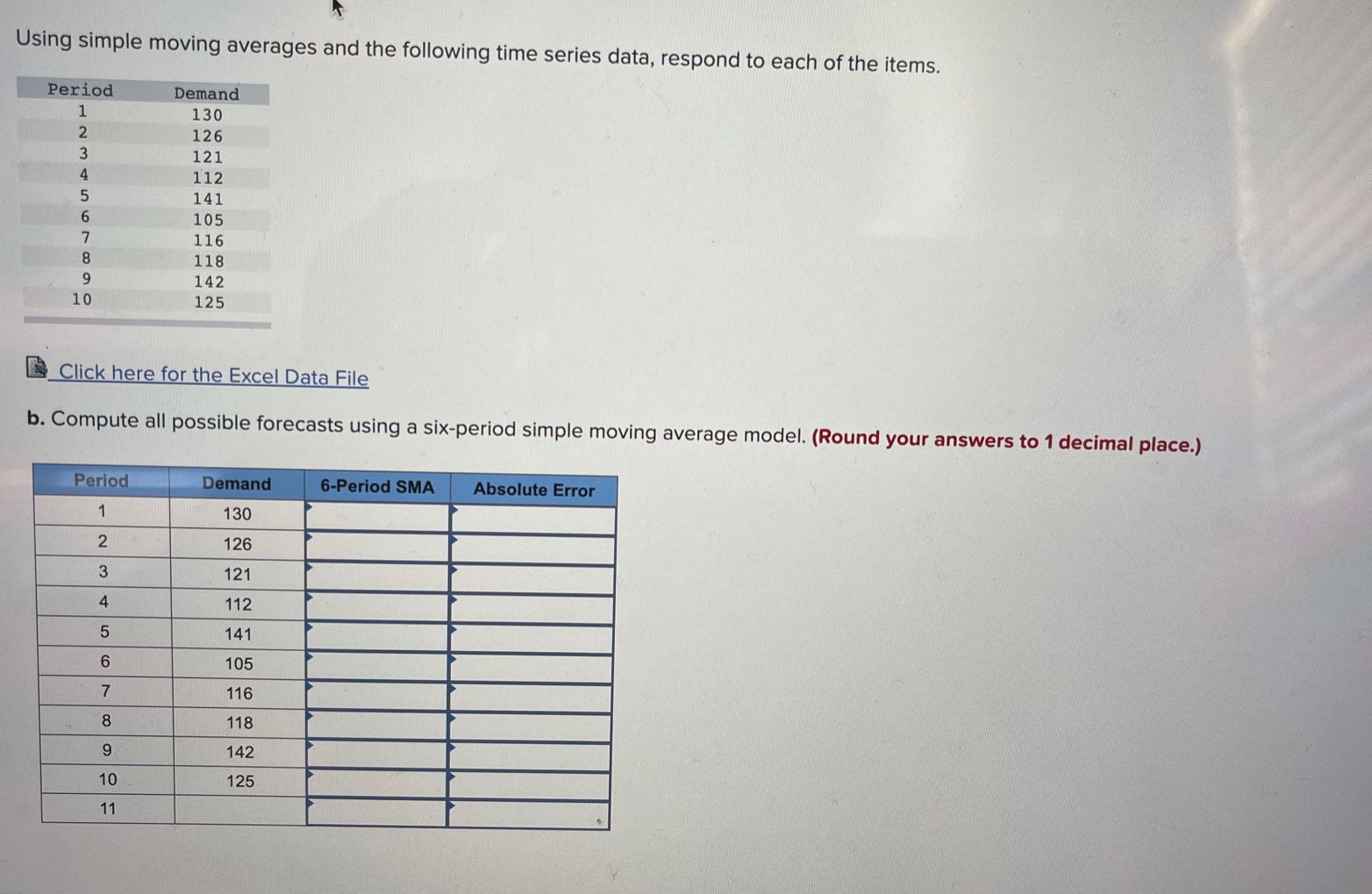 Using simple moving averages and the following time series data, respond to