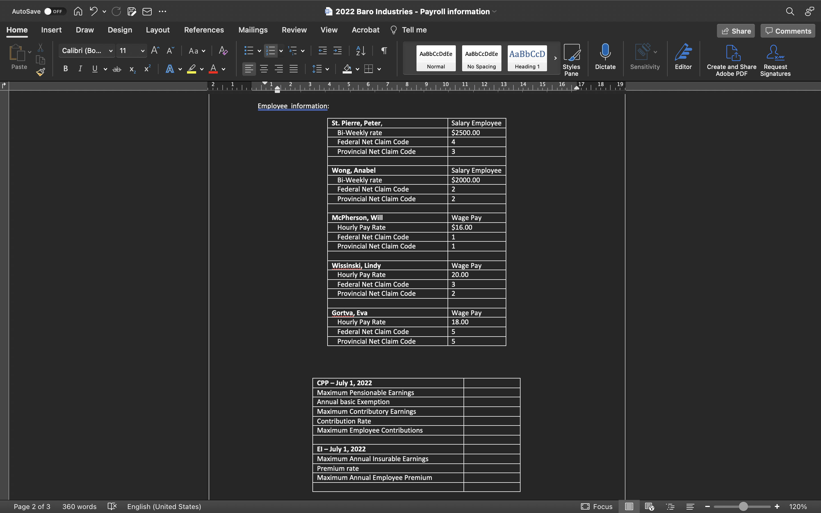 Industries - Payroll information Home Insert Draw Design Layout References Mailings Review