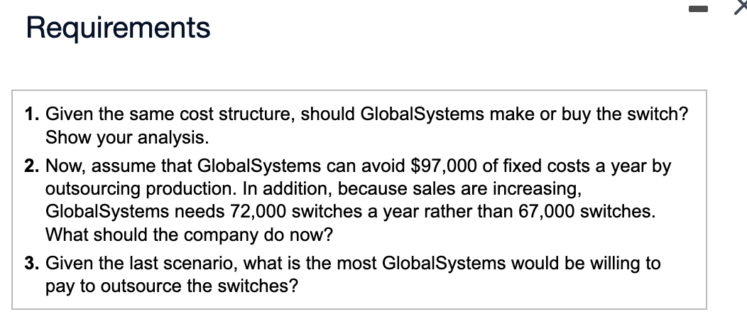  Requirements 1. Given the same cost structure, should GlobalSystems make or