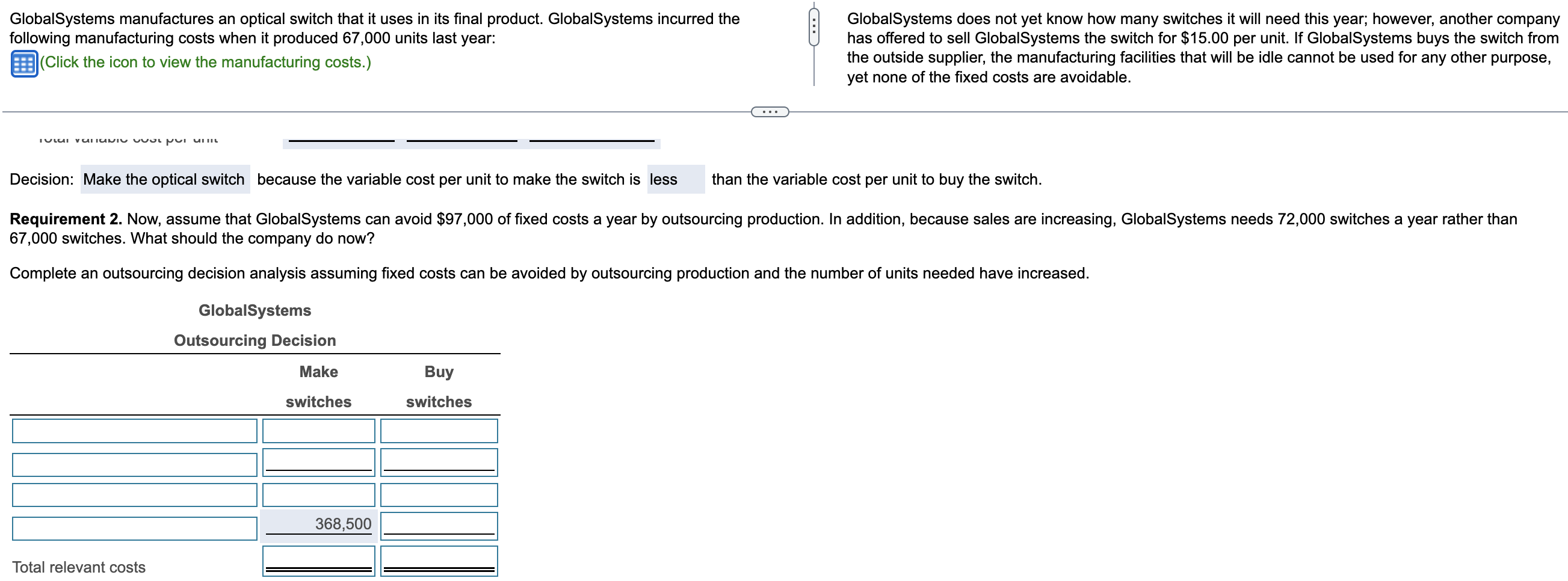 because sales are increasing, GlobalSystems needs 72,000 switches a year rather than