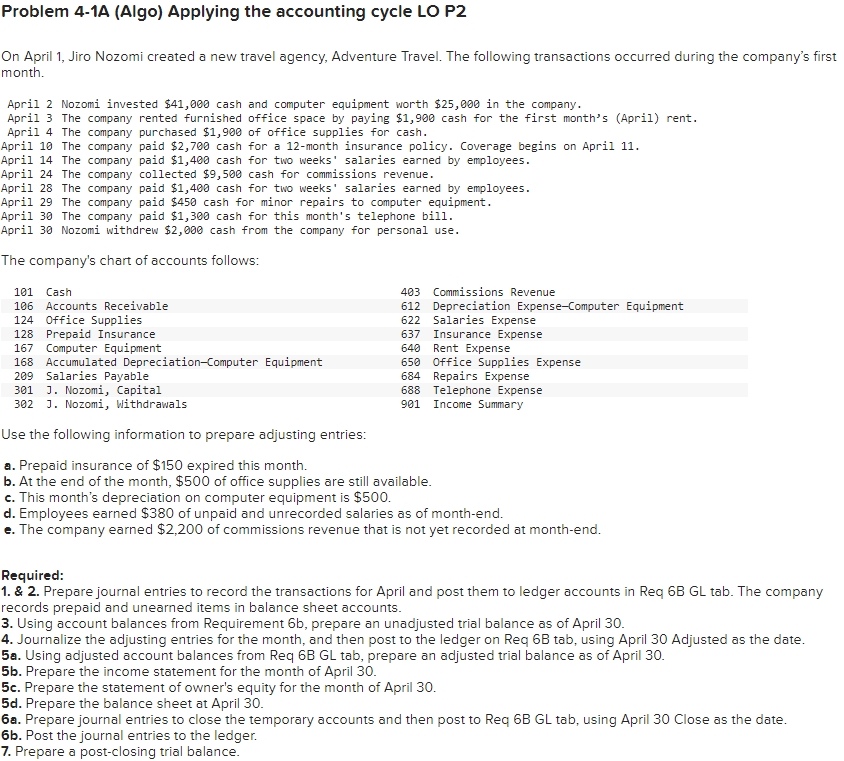  Problem 4-1A (Algo) Applying the accounting cycle LO P2 On April