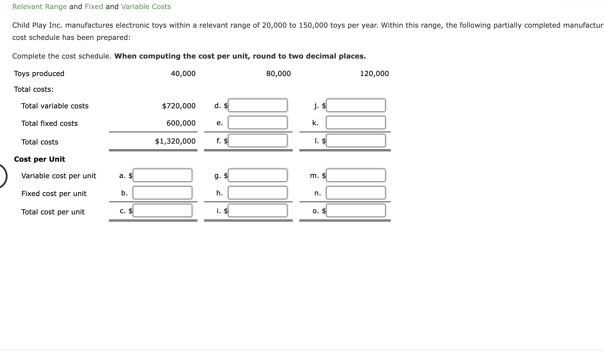  Relevant Range and Fixed and Variable Costs Child Play Inc. manufactures