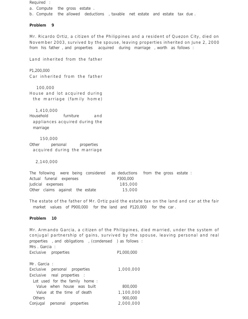  Required : a. Compute the gross estate . b. Compute the