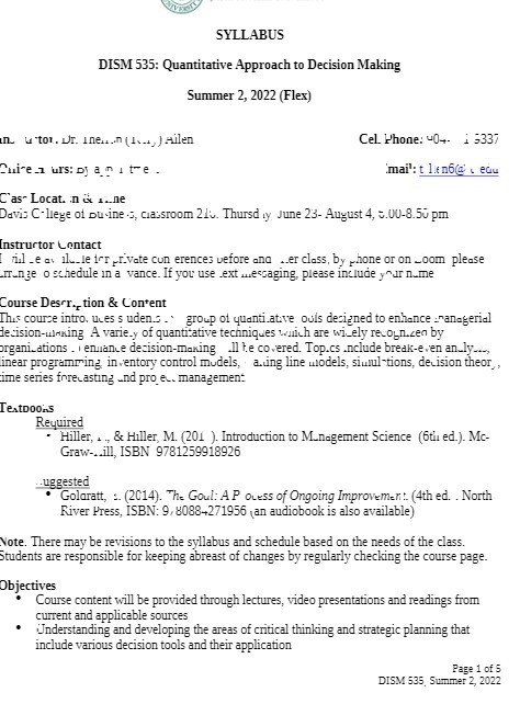 SYLLABUS DISM 535: Quantitative Approach to Decision Making Summer 2, 2022