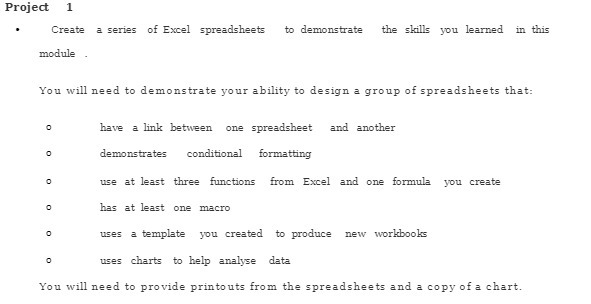  Project 1 Create a series of Excel spreadsheets to demonstrate the