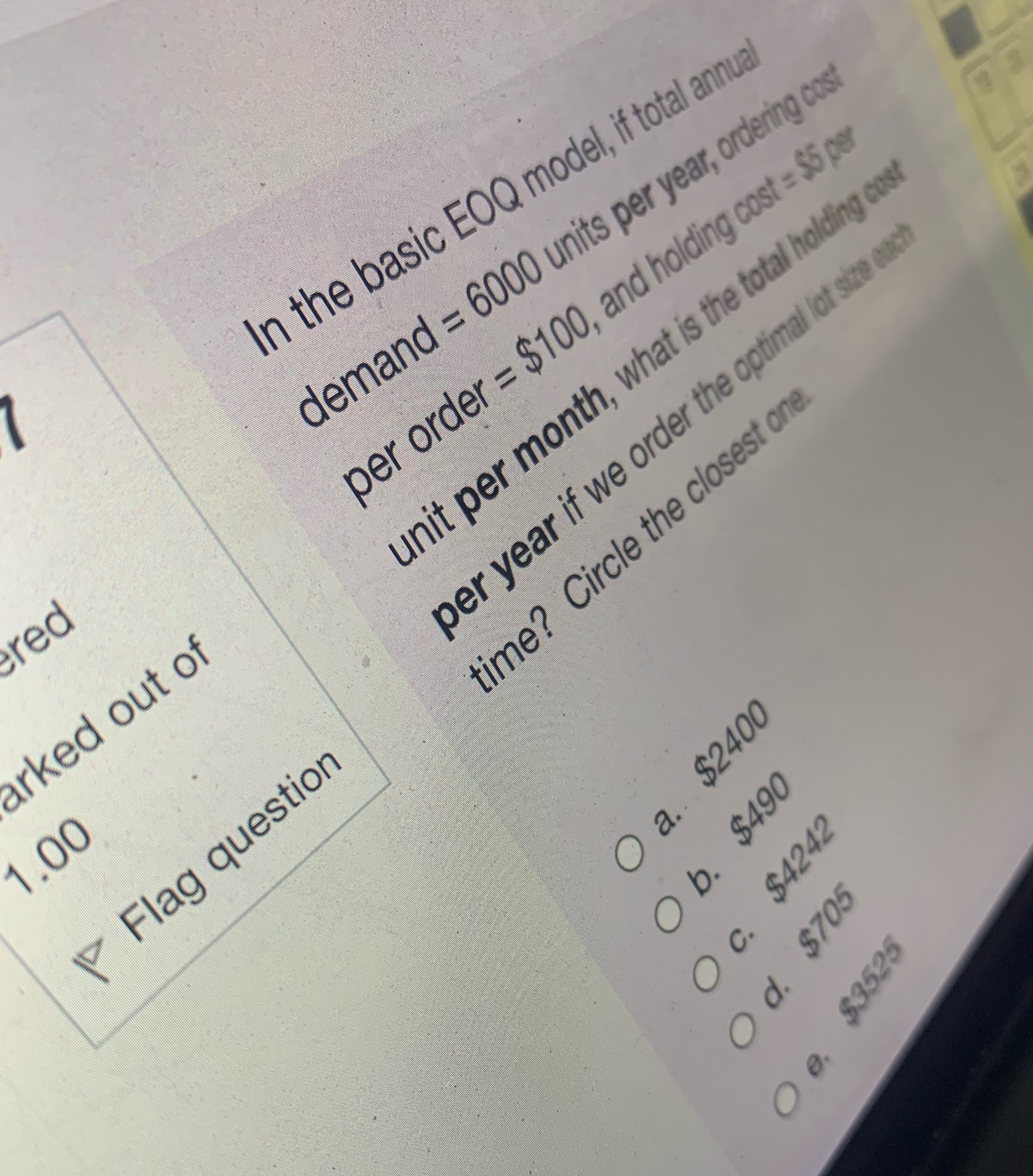  In the basic EOQ model, if total annual red demand =