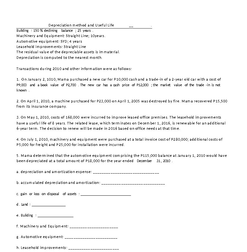 Depreciation method and Useful Life Building : 150 % dedining balance