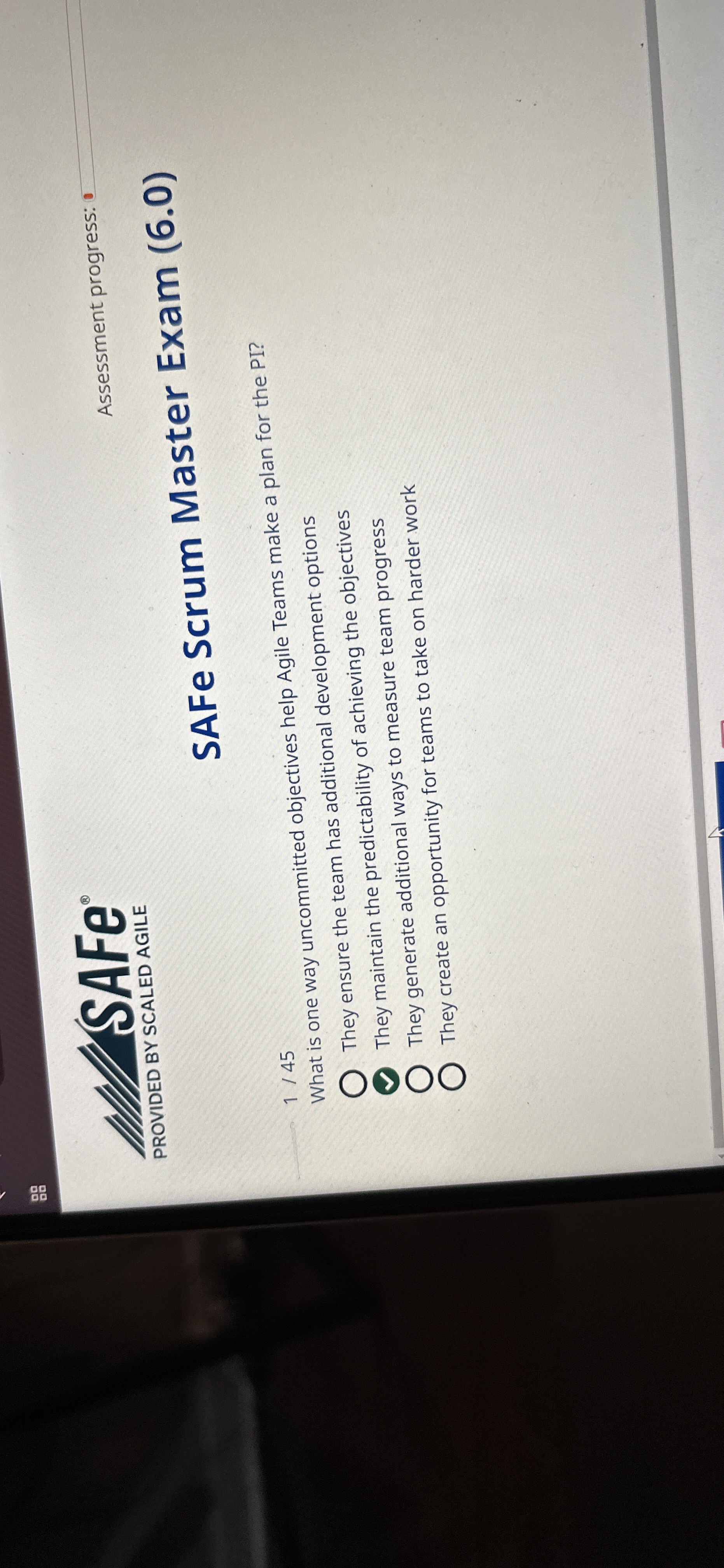  SAFe Assessment progress: PROVIDED BY SCALED AGILE SAFe Scrum Master Exam