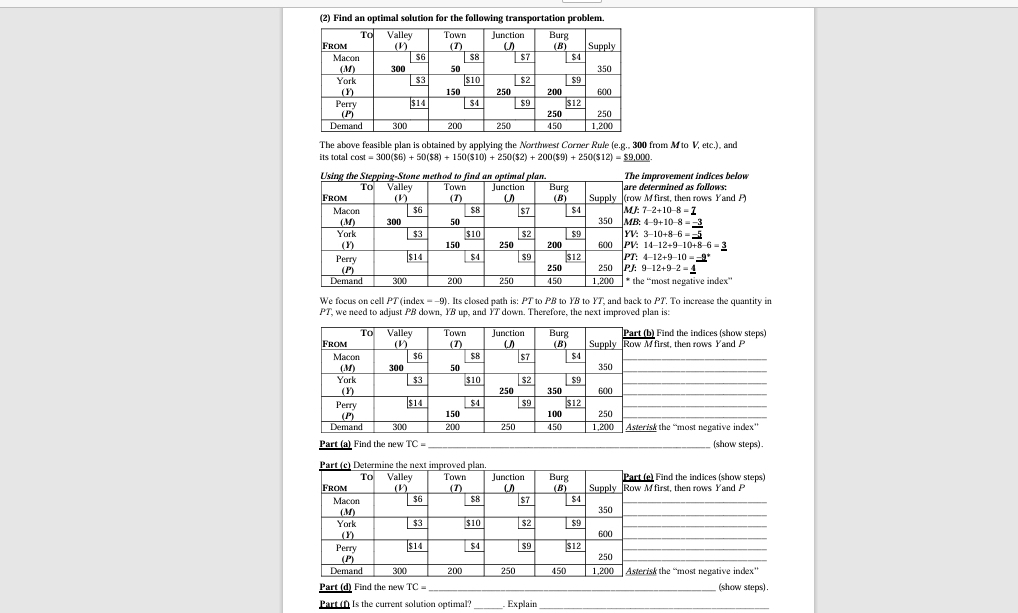  (2) Find an optimal solution for the following transportation problem. The