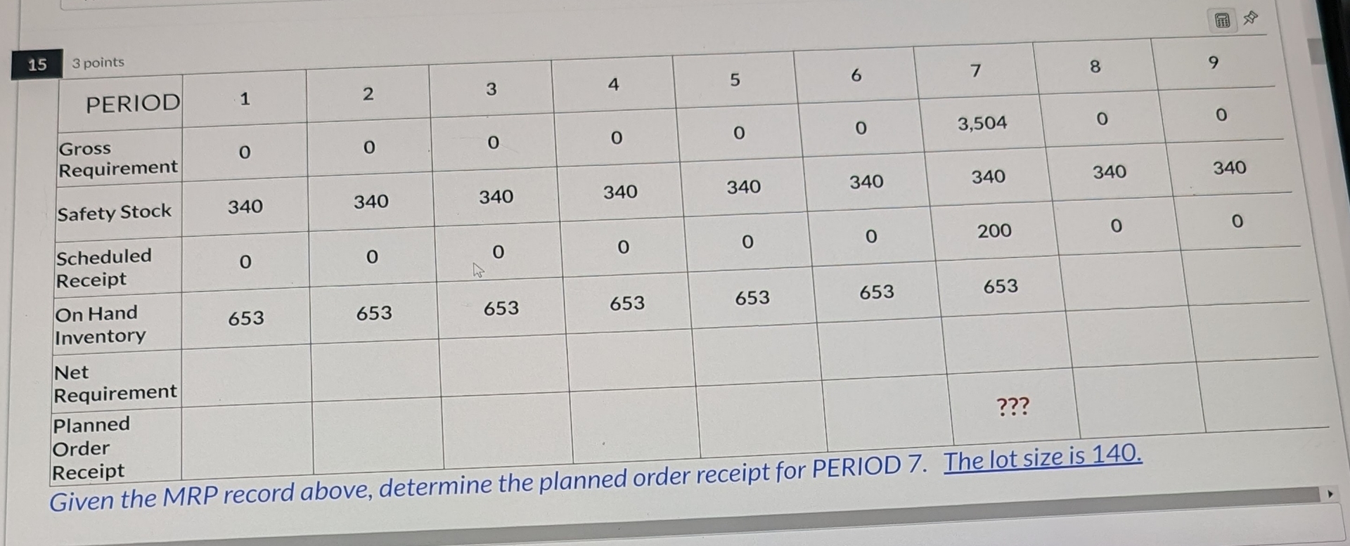  15 3 points Order Receipt Given the MRP record above, determine
