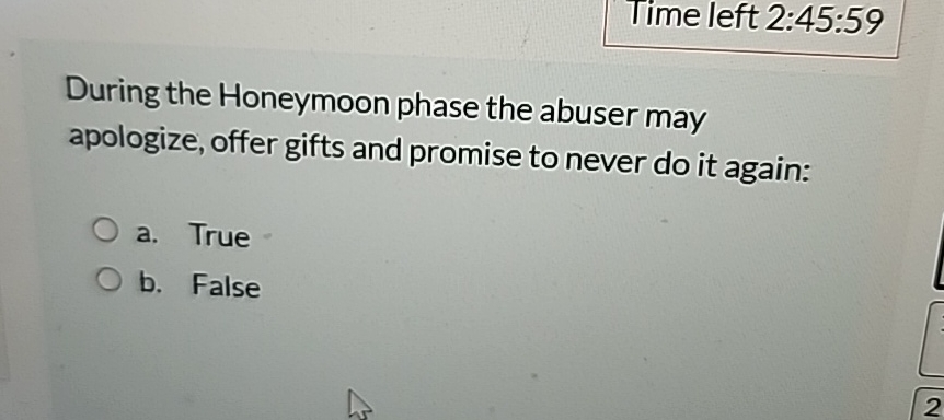  Time left 2:45:59 During the Honeymoon phase the abuser may apologize,