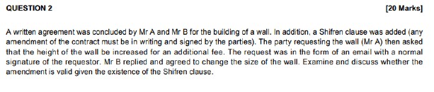  QUESTION 2 [20 Marks] A written agreement was concluded by Mr