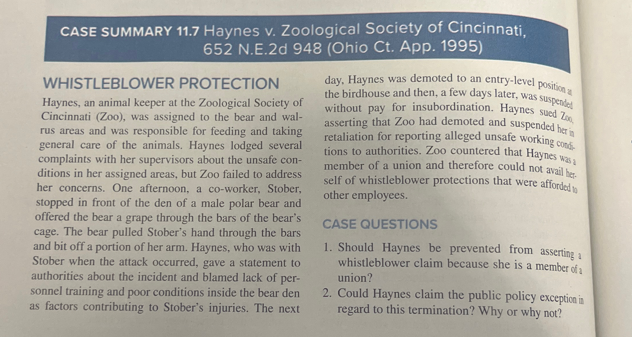  CASE SUMmARY 11.7 Haynes v. Zoological Society of Cincinnati, 652 N.E.2