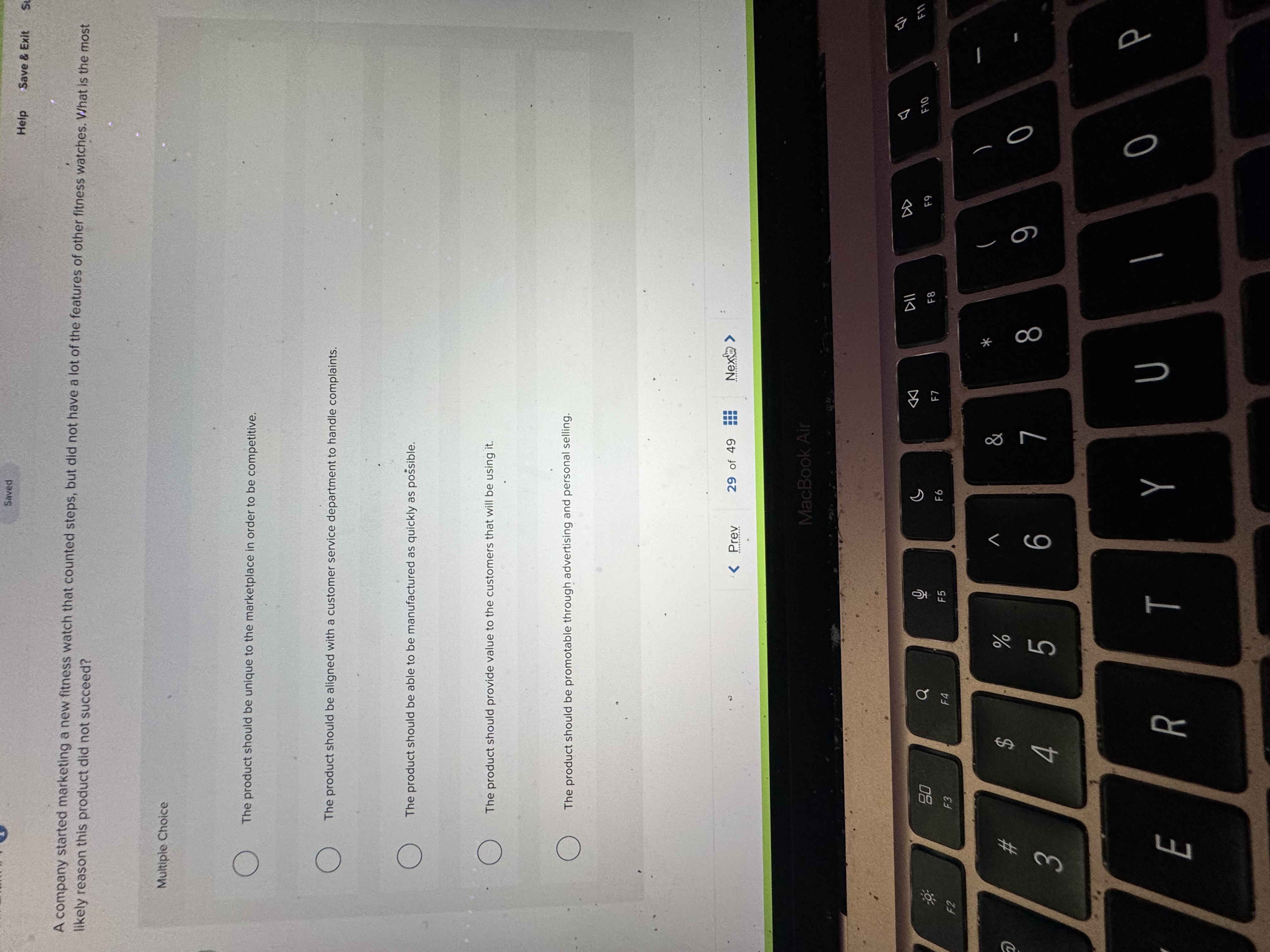  Saved Help Save & Exit A company started marketing a new