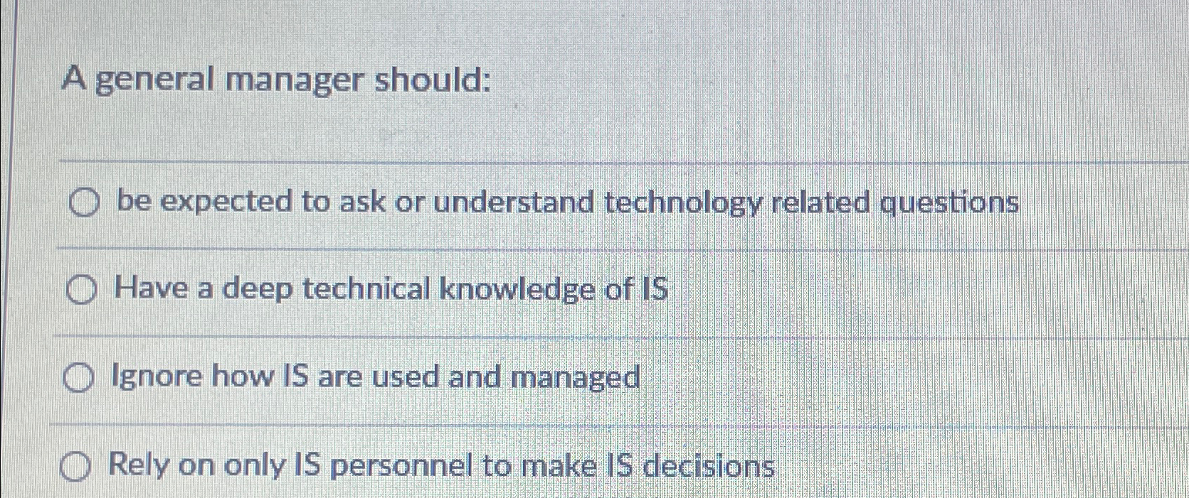  A general manager should: be expected to ask or understand technology