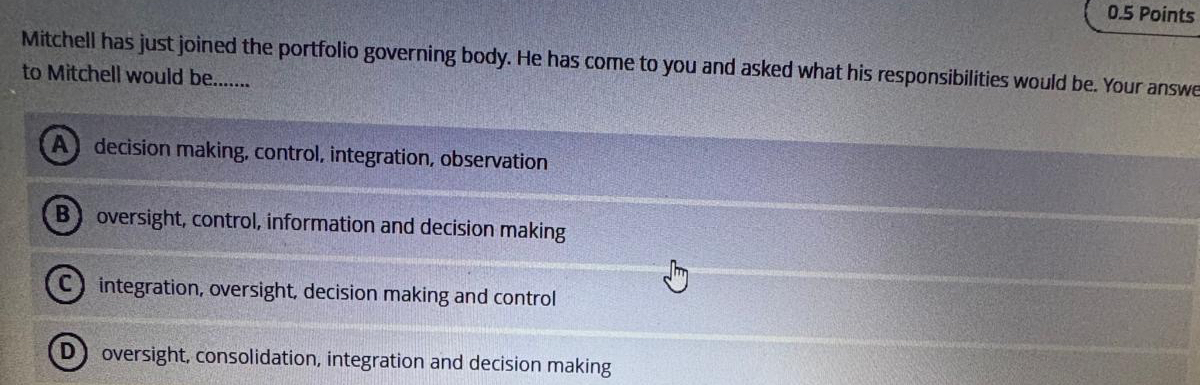  0.5 Points Mitchell has just joined the portfolio governing body. He