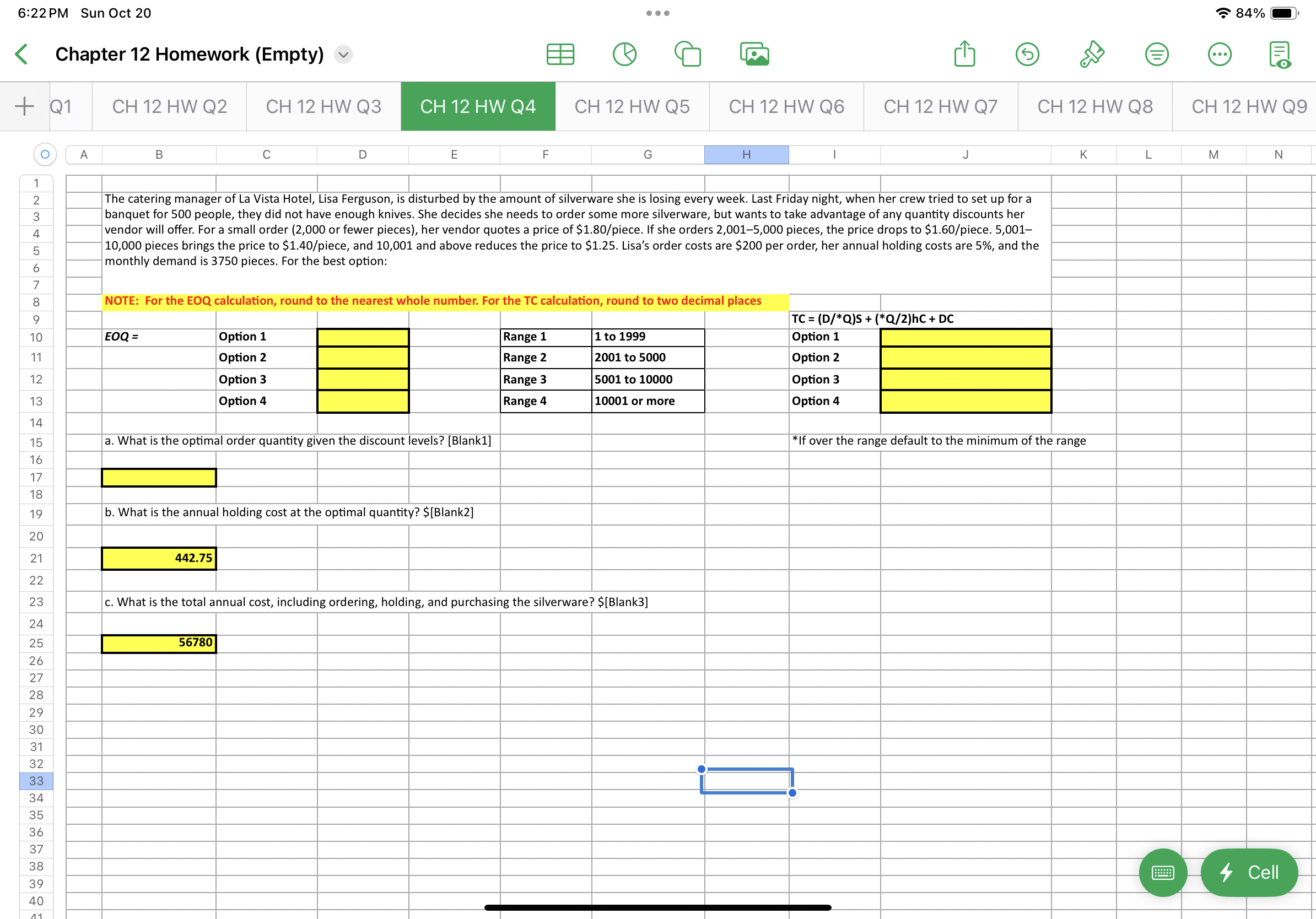  6:22PM Sun Oct 20 84% Chapter 12 Homework (Empty) CH 12