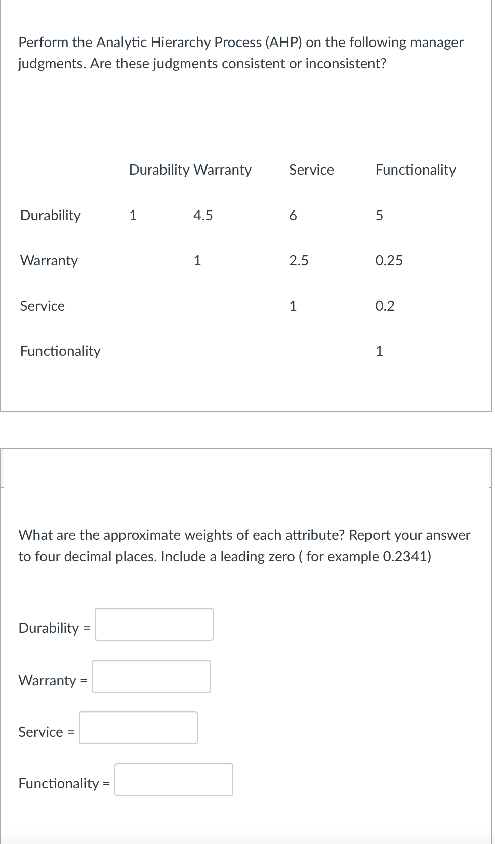  Perform the Analytic Hierarchy Process (AHP) on the following manager judgments.