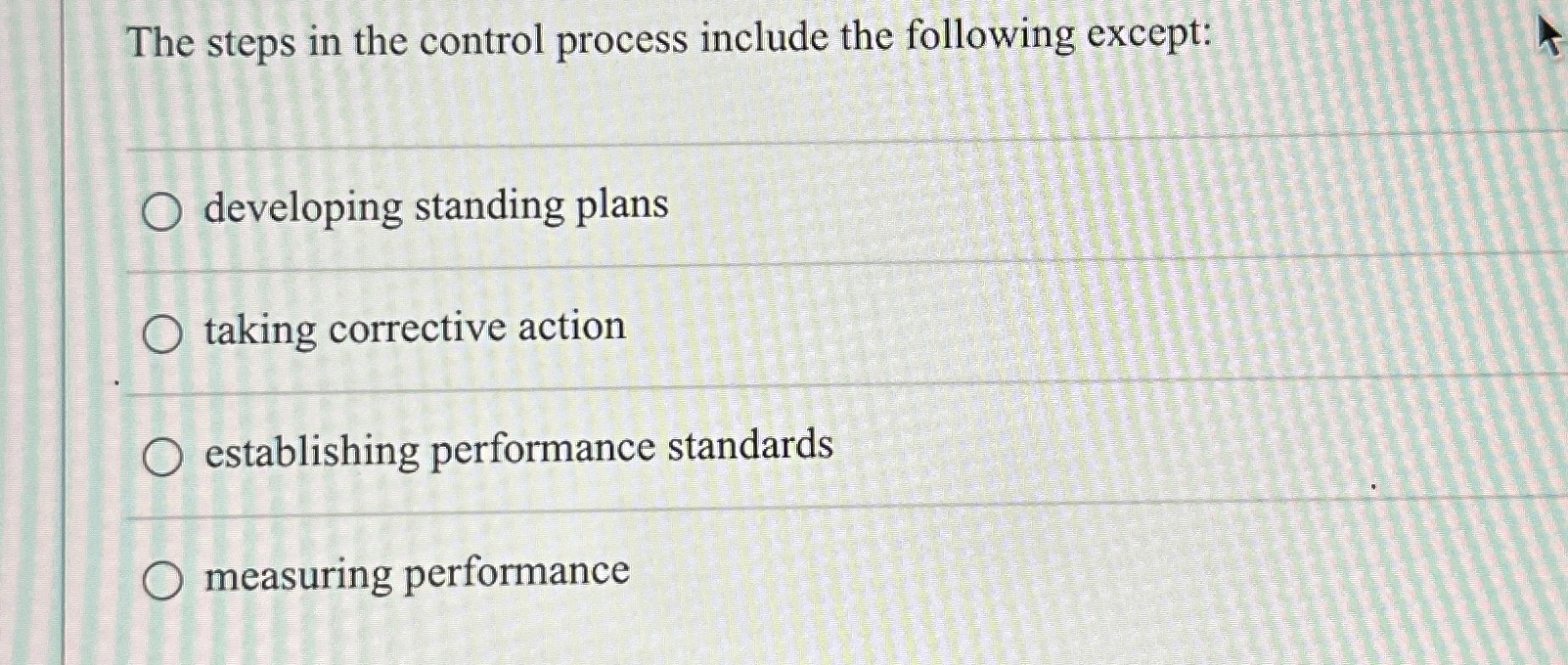  The steps in the control process include the following except: developing