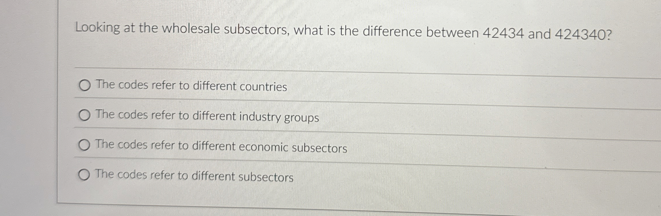  Looking at the wholesale subsectors, what is the difference between 42434