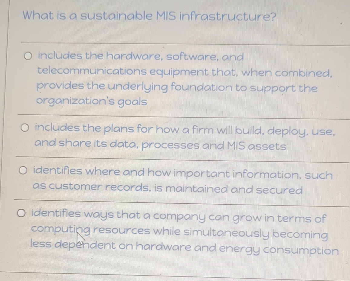  What is a sustainable MIS infrastructure? includes the hardware, software, and
