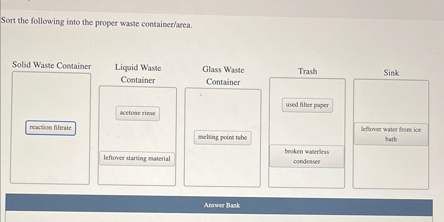  Sort the following into the proper waste container/area. Solid Waste Container