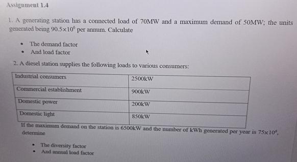  Assignment 1.4 A generating station has a connected load of 70MW
