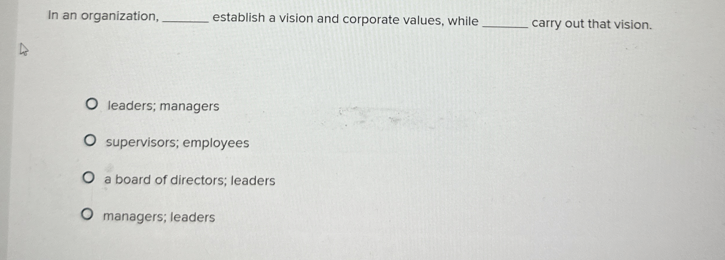  In an organization, establish a vision and corporate values, while carry