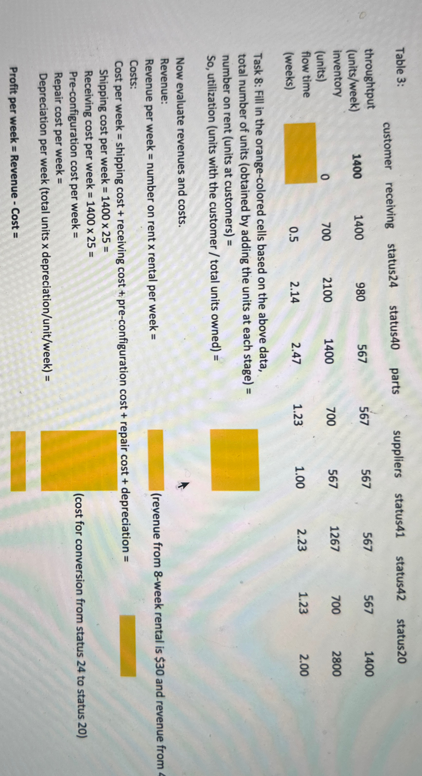  Table 3: Task 8: Fill in the orange-colored cells based on