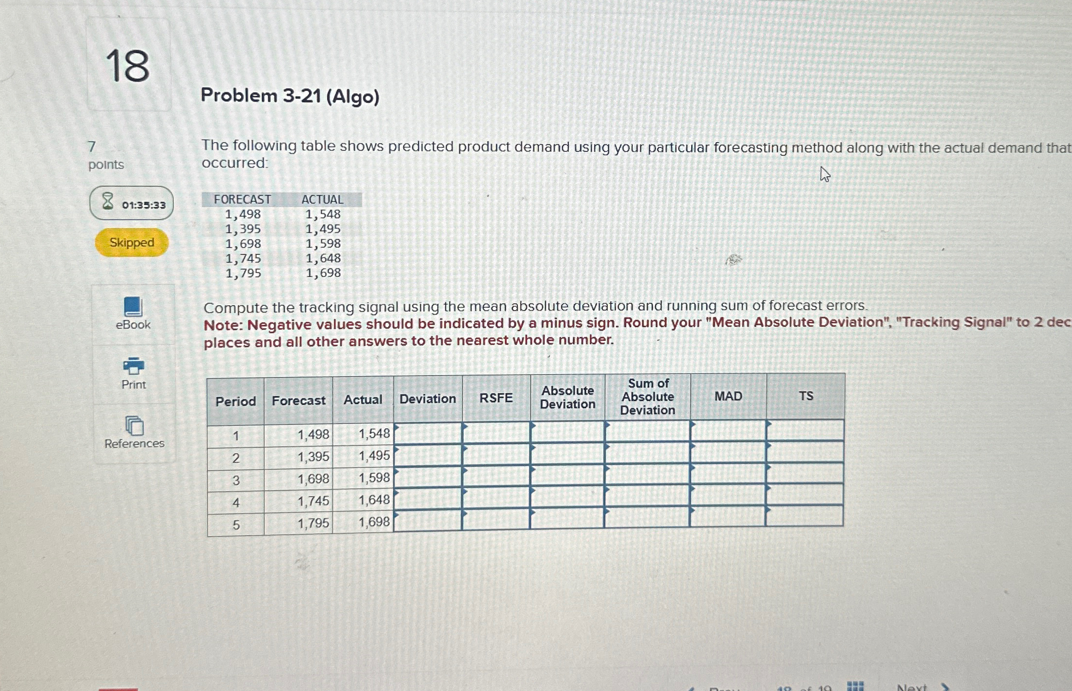  18 Problem 3-21(Algo) 7 points 01:35:33 Skipped eBook Print References The