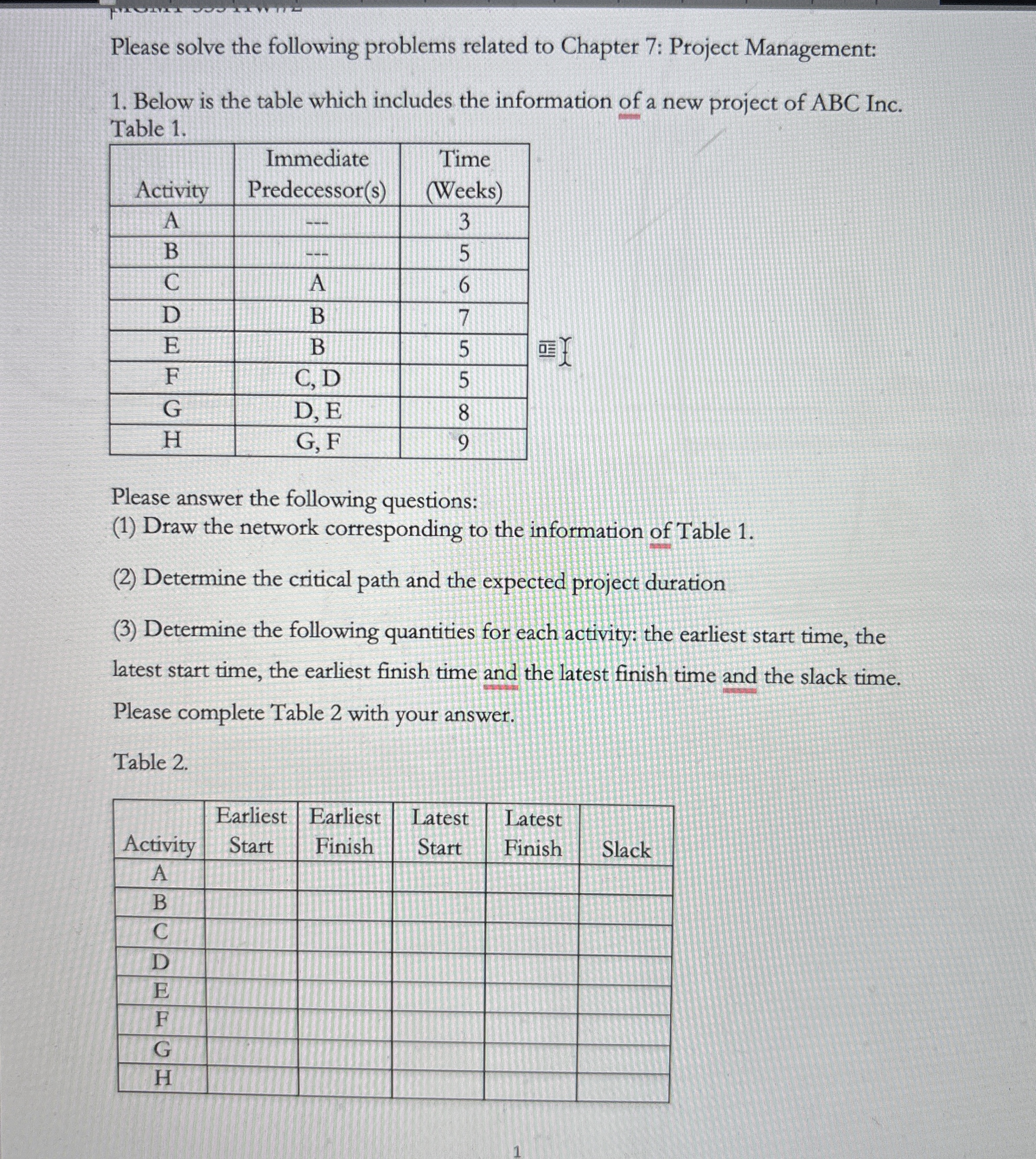  Please solve the following problems related to Chapter 7: Project Management: