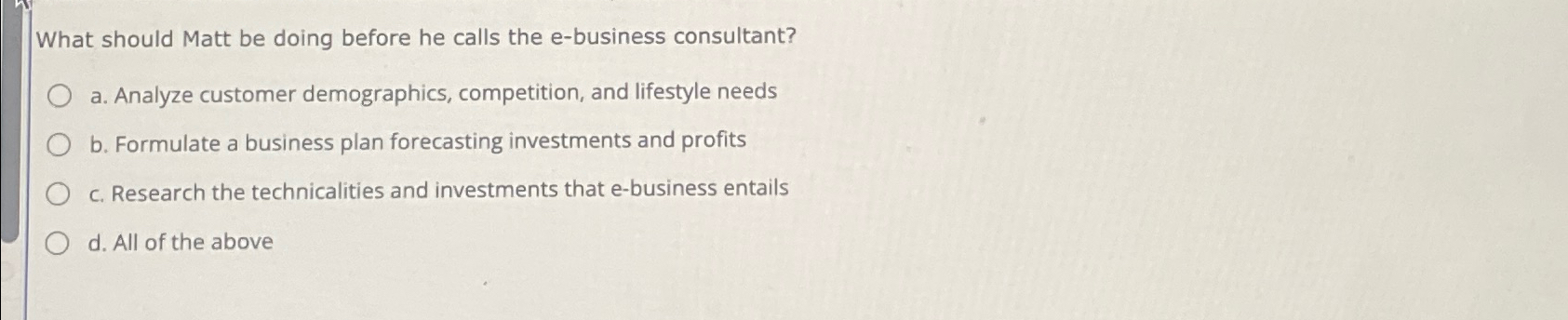  What should Matt be doing before he calls the e-business consultant?