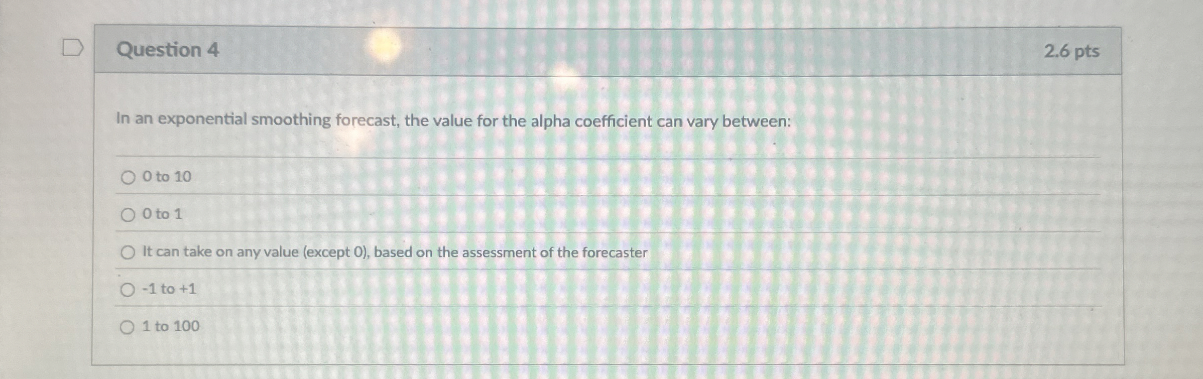  Question 4 In an exponential smoothing forecast, the value for the