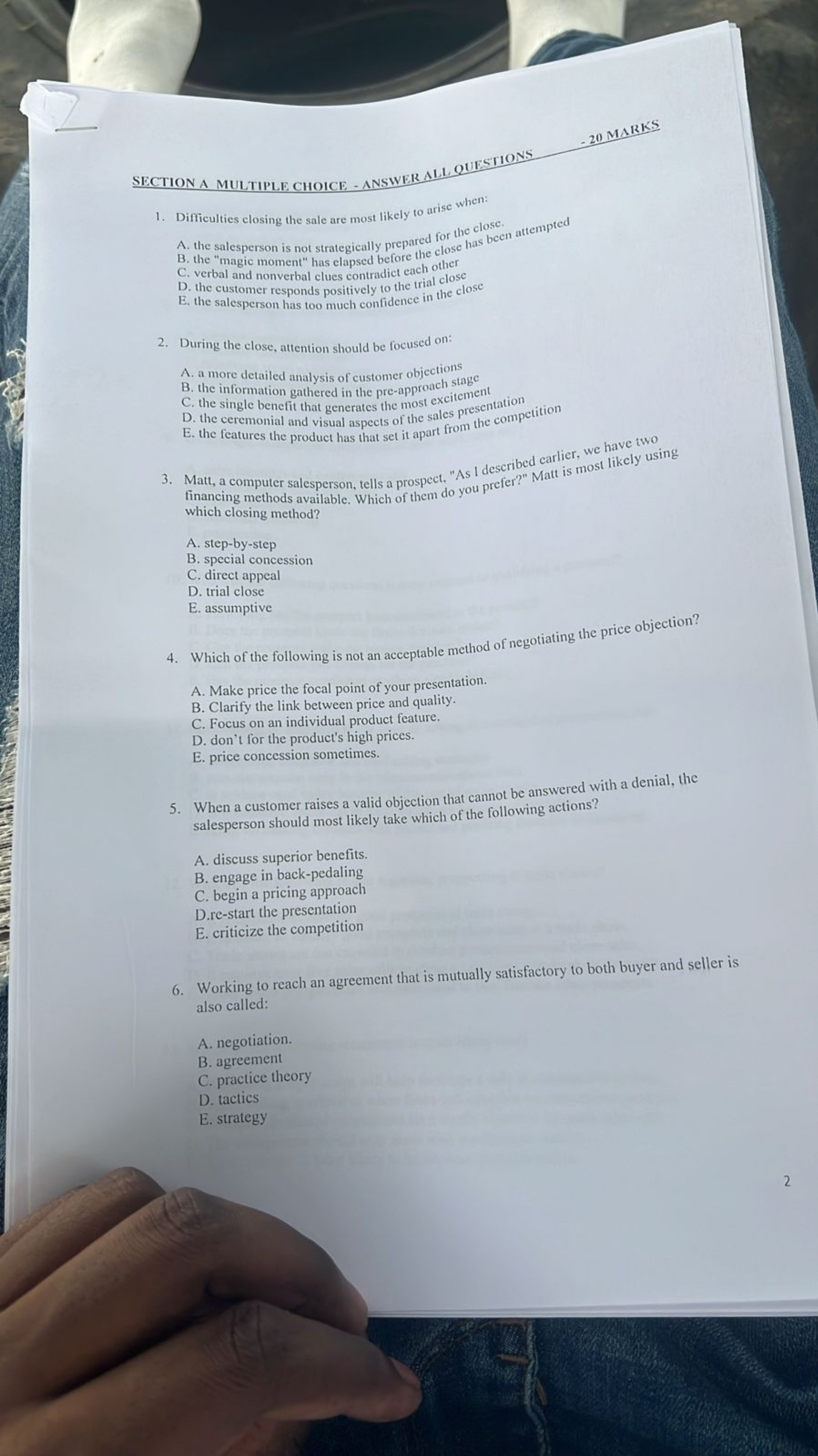  SECTION A MULTIPLE CHOICE - ANSWER ALLQUESTIONS Difficulties closing the sale