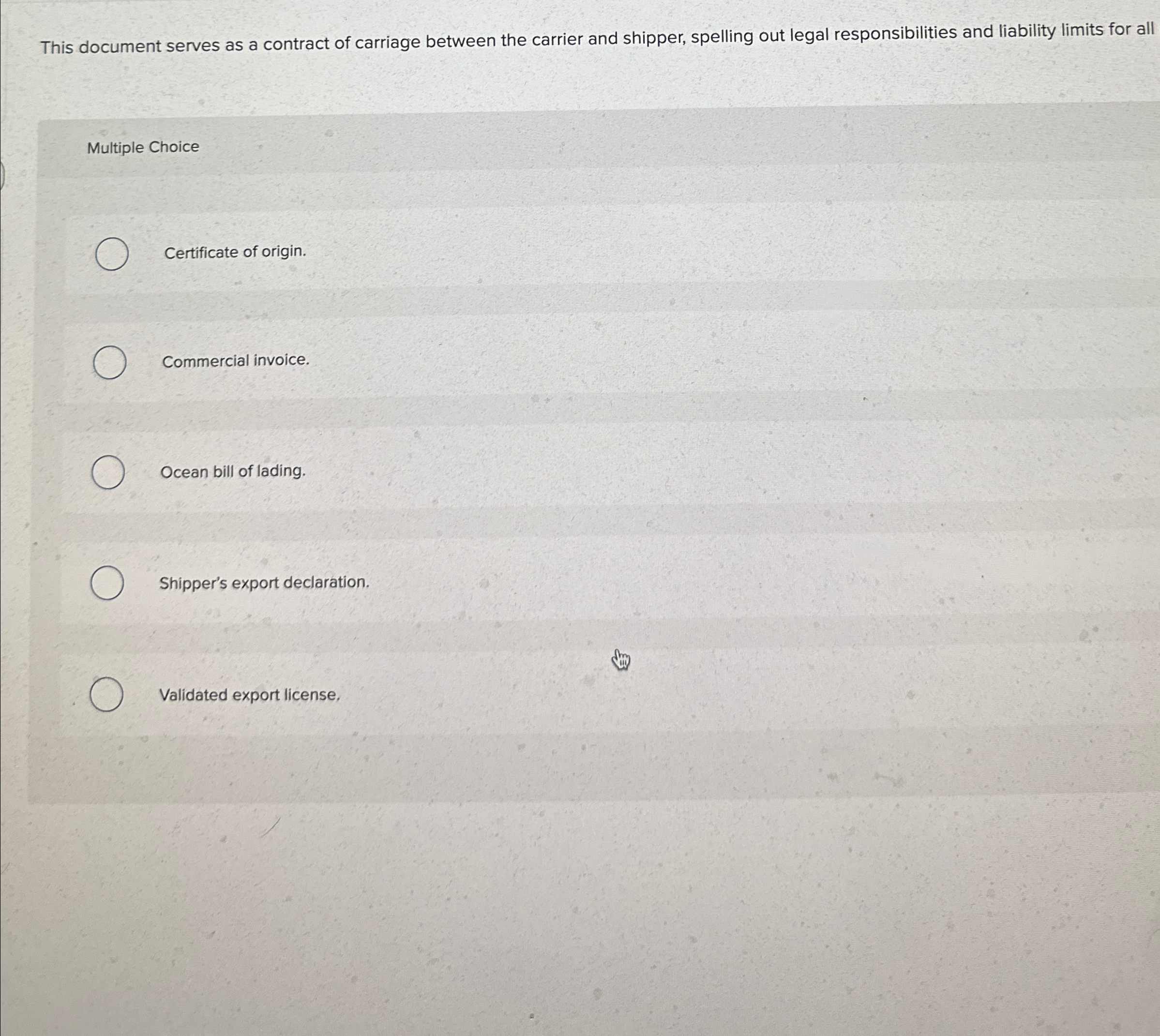  This document serves as a contract of carriage between the carrier