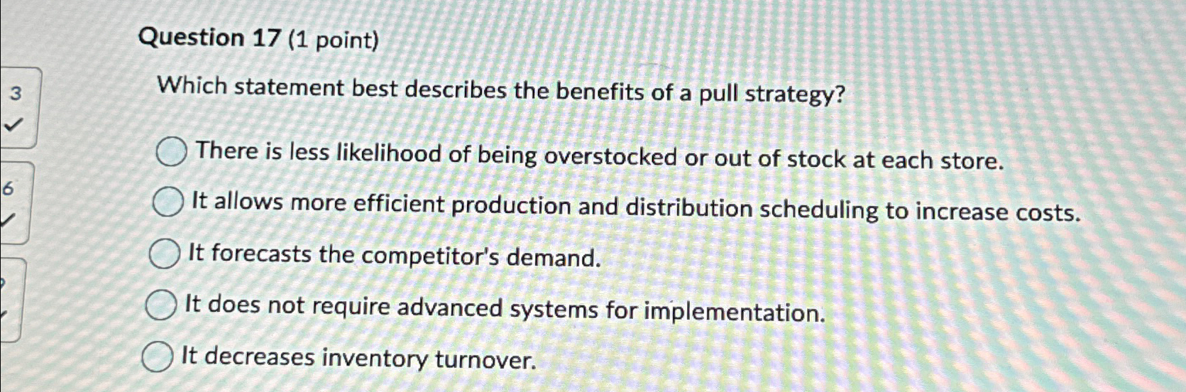  Question 17(1 point) Which statement best describes the benefits of a