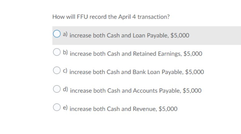 How will FFU record the April 4 transaction? 0 a} increase