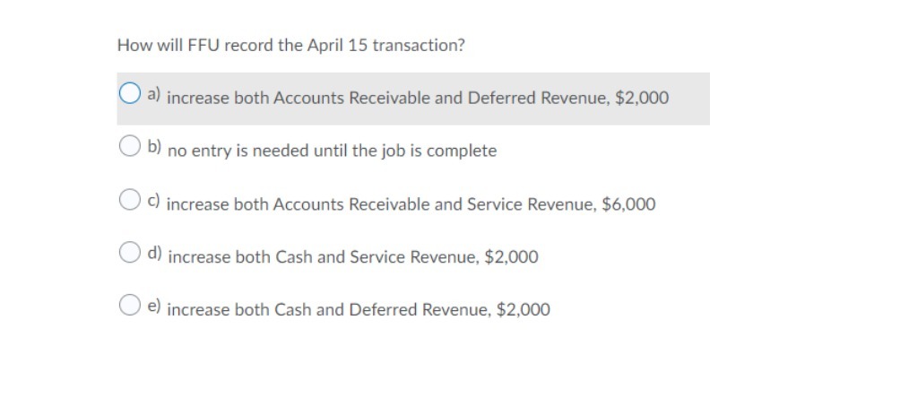 How will FFU record the April 15 transaction? 0 a) increase