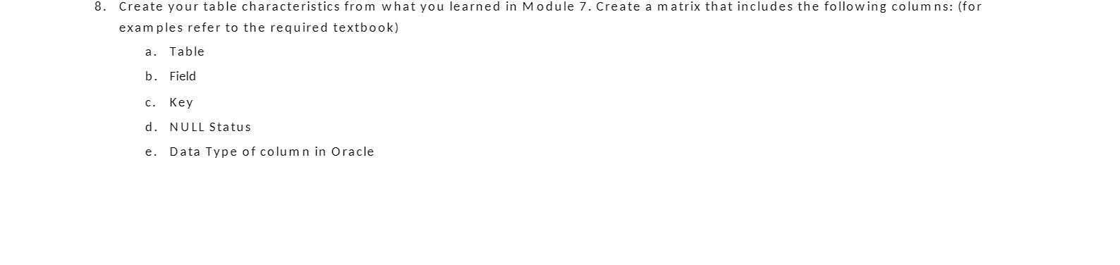 8. Create your table characteristics from what you learned in Module