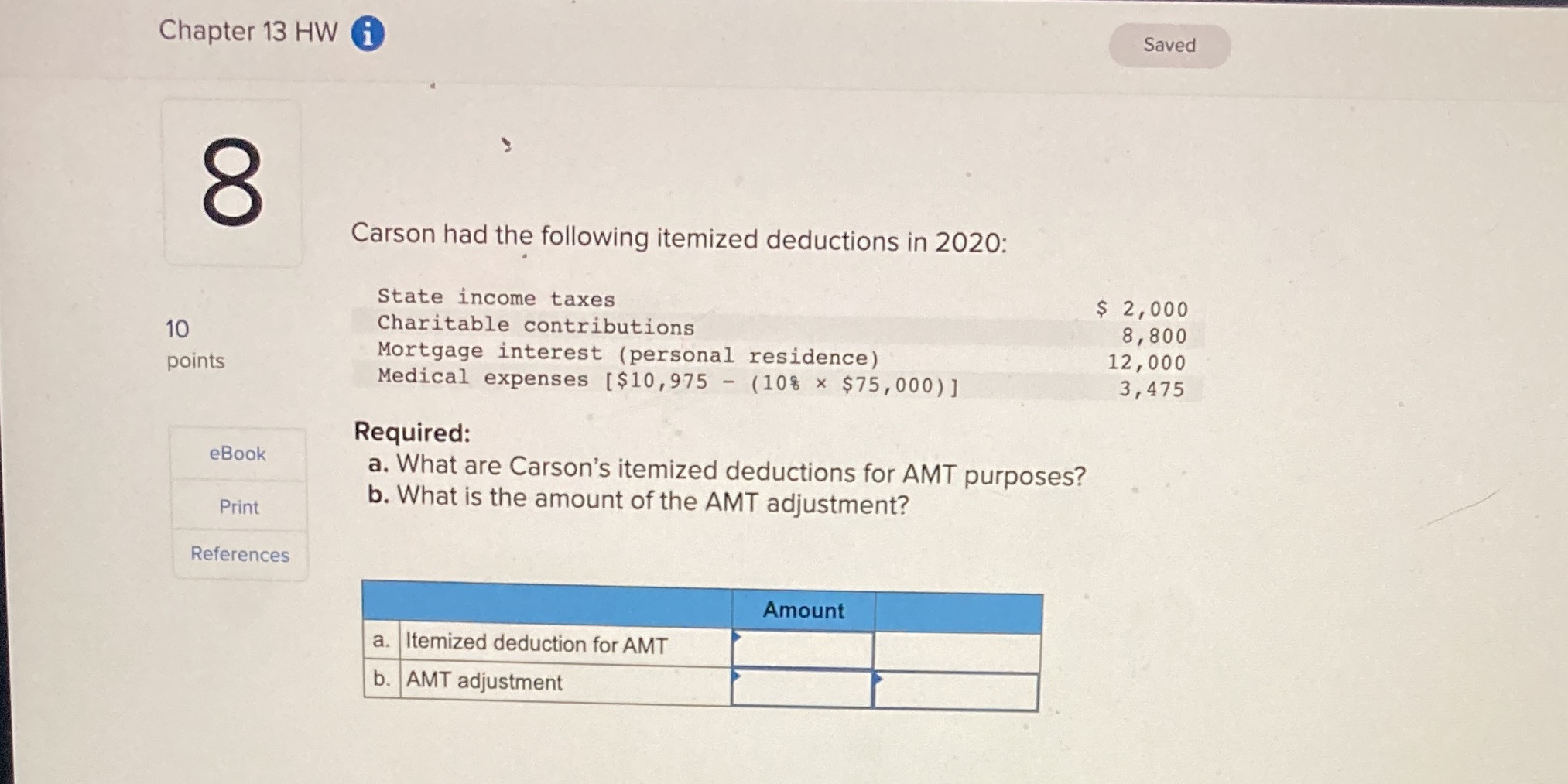  Chapter 13 HW i Saved 8 Carson had the following itemized