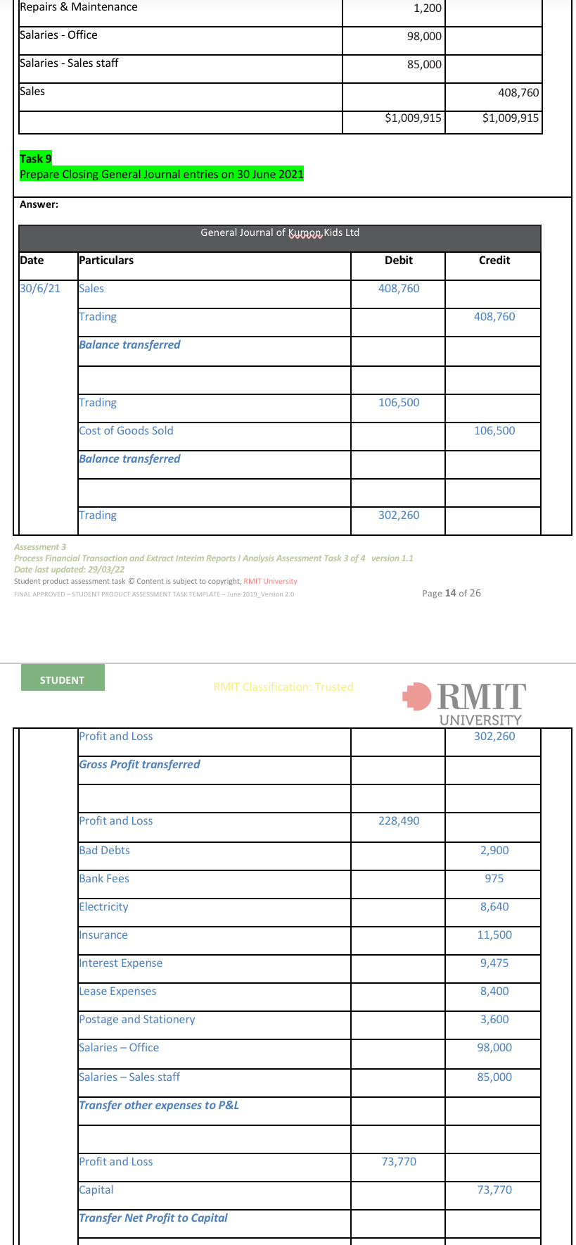with Task 11. Capital 45,000 Drawings 45,000 Close Drawings to Capital Assessment