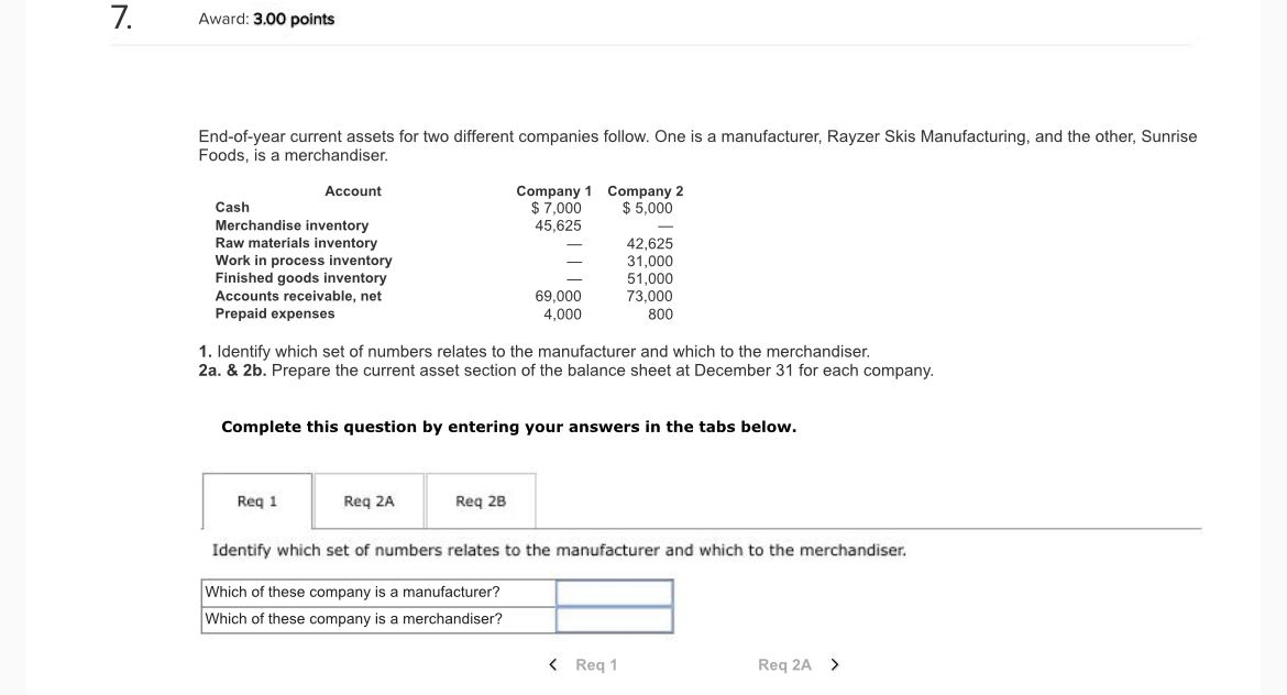 7. Award: 3.00 points End-of-year current assets for two different companies