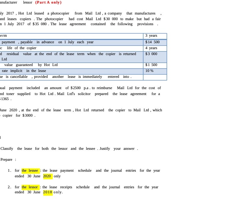  anufacturer lessor (Part A only) 7 2017 , Hot Ltd leased