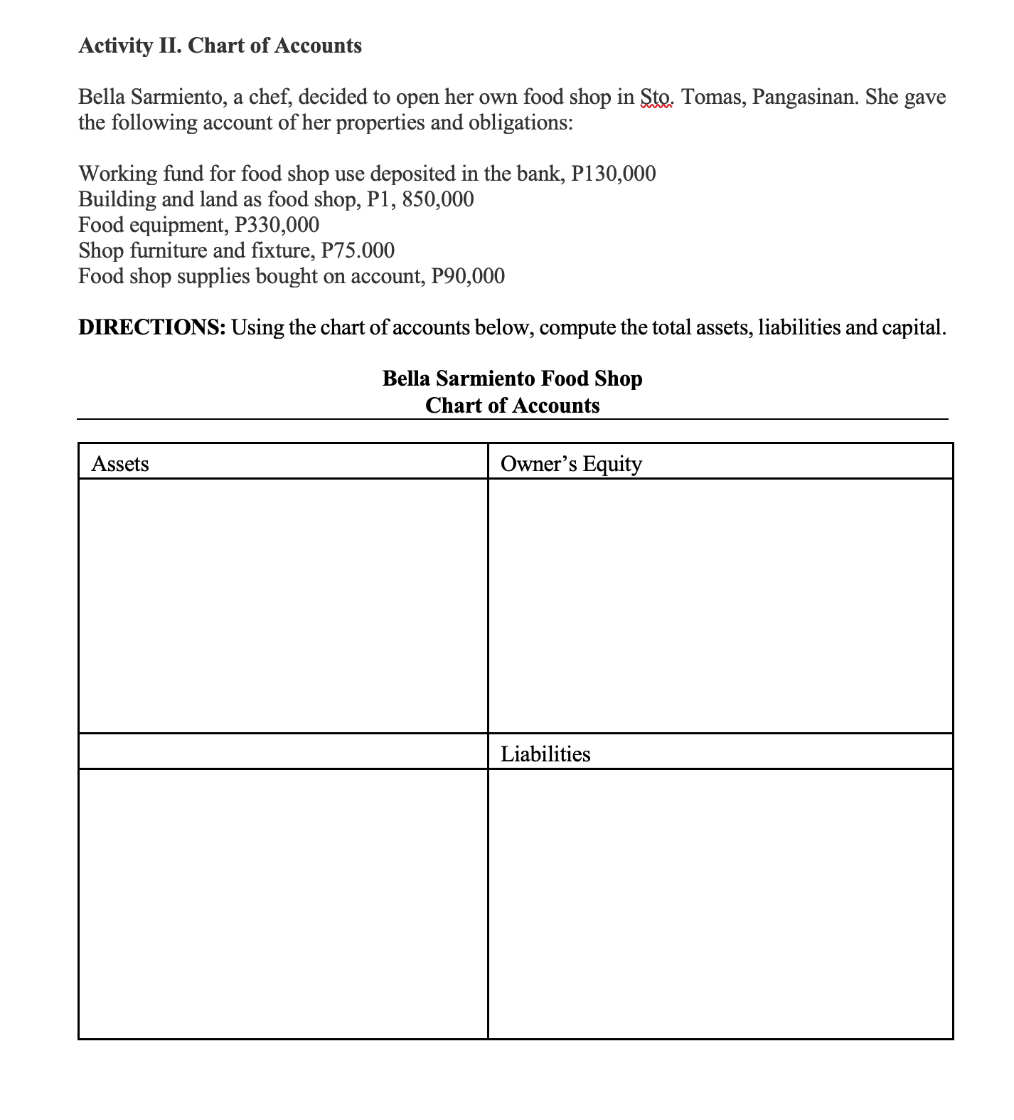 Please put the correct answers inside the box below: Activity II. Chart