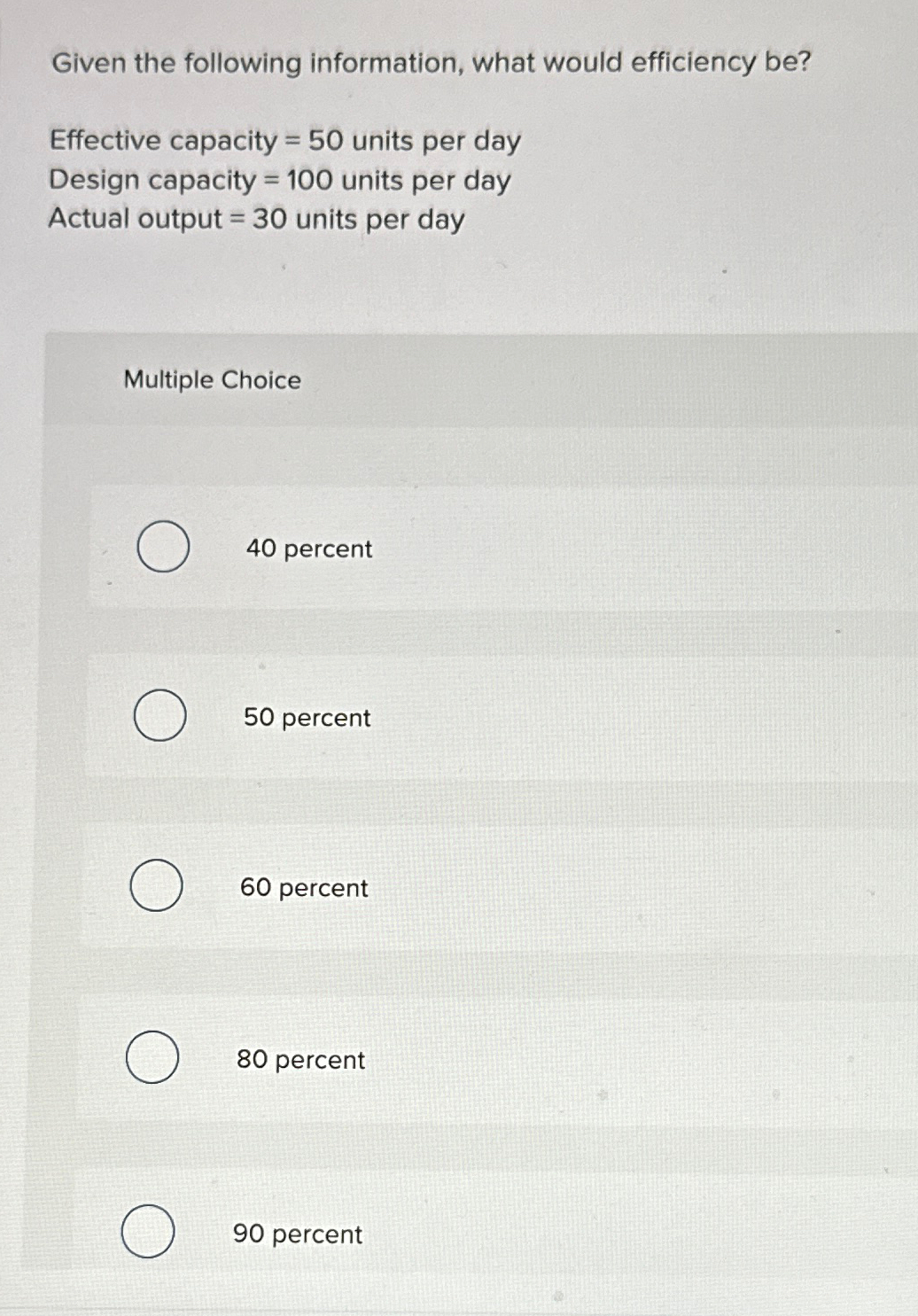  Given the following information, what would efficiency be? Effective capacity =50